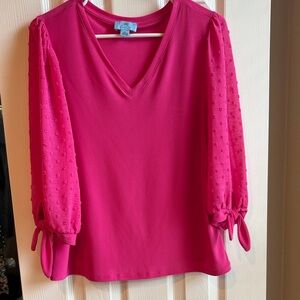 CeCe Pink V-Neck Blouse with Textured Sleeves and ties Small